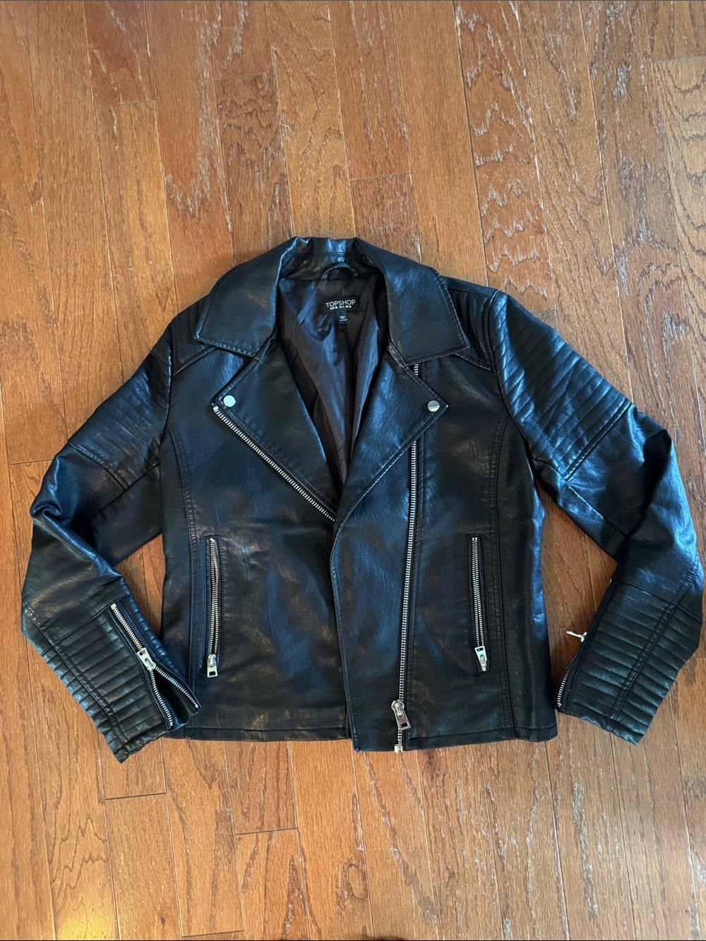 Topshop Black Quilted Sleeve Faux Leather Biker Jacket